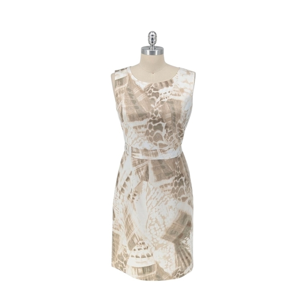 NEW Tahari Animal Print Satin Sheath Dress Tan White 10 preppy Business casual - Picture 1 of 8